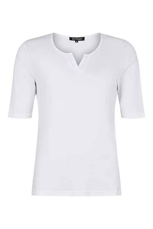 SUNDAY White Notch Neck Stud Detail T-Shirt — Shaped Fit | 6574-6000