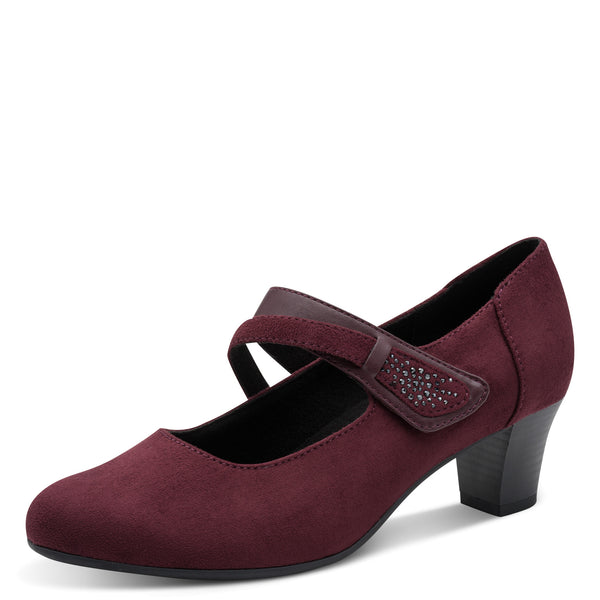 Jana Ladies H-Fit Vegan Faux Suede Strap Heel Court Shoe - 549 Bordeaux SKU 8-24464-42BR