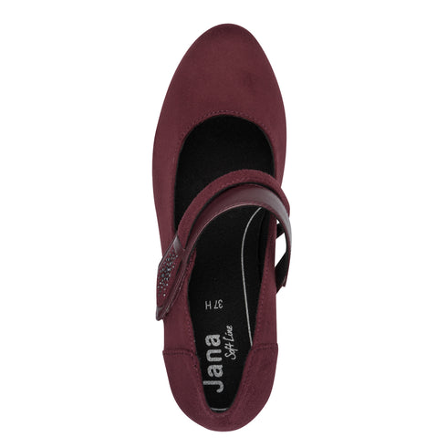 Jana Ladies H-Fit Vegan Faux Suede Strap Heel Court Shoe - 549 Bordeaux SKU 8-24464-42BR