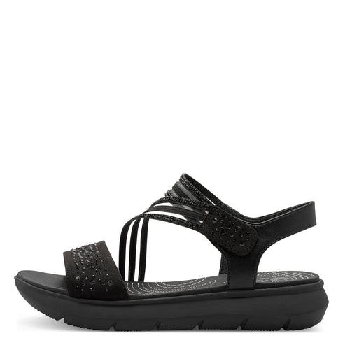 Jana Women's Black 8-28771-46-001 Rhinestone Detailed Vegan Wide H-Fit Sandals