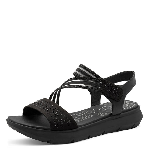 Jana Women's Black 8-28771-46-001 Rhinestone Detailed Vegan Wide H-Fit Sandals