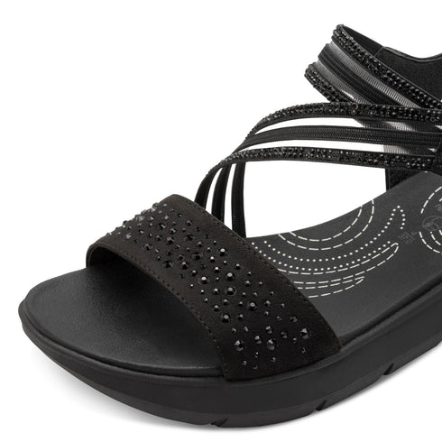 Jana Women's Black 8-28771-46-001 Rhinestone Detailed Vegan Wide H-Fit Sandals