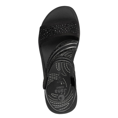 Jana Women's Black 8-28771-46-001 Rhinestone Detailed Vegan Wide H-Fit Sandals