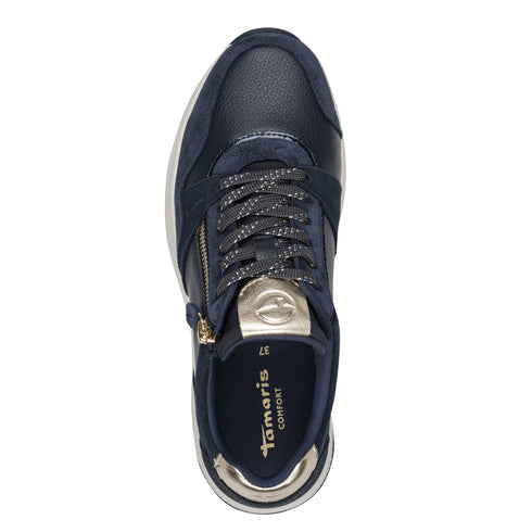 Tamaris Comfort Ladies H-Fit Side Zip Leather Mix Trainer - 890 Navy SKU 8-83719-47