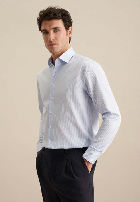 Seidensticker Mens Long Sleeve Regular Fit Kent 108 Easy-Iron Stripe Shirt Light Blue 01.145080-11