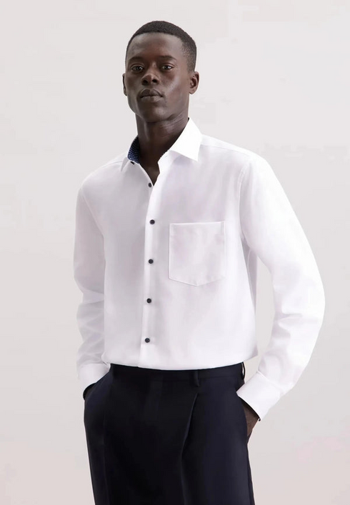 Seidensticker Mens Long Sleeve Regular Fit No Iron Contrast Kent Shirt White 01.845538-01
