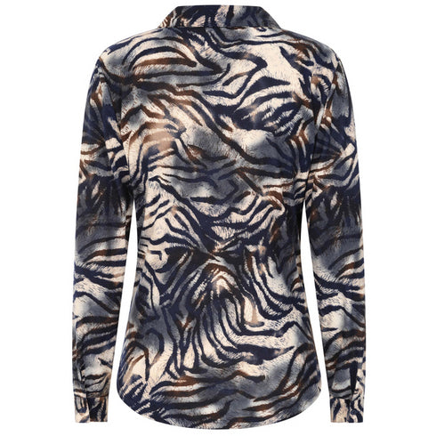 Emreco Long Sleeve Navy Tiger Print Collar Blouse – 021008EW