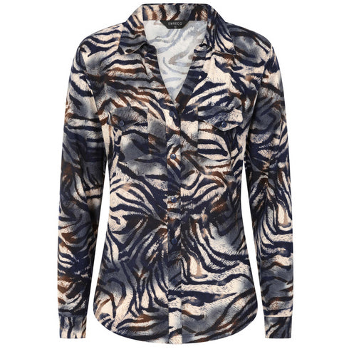 Emreco Long Sleeve Navy Tiger Print Collar Blouse – 021008EW