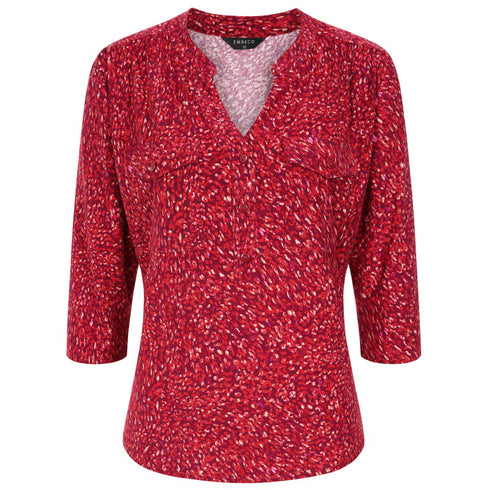 Emreco 3/4 Sleeve Red Fleck Print Mandarin Blouse – 026107EW