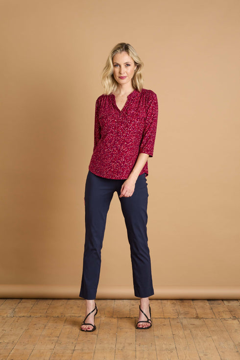 Emreco 3/4 Sleeve Red Fleck Print Mandarin Blouse – 026107EW