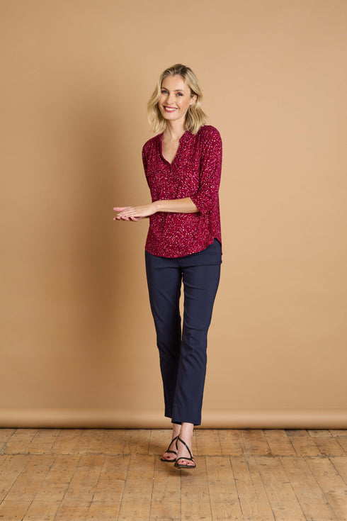 Emreco 3/4 Sleeve Red Fleck Print Mandarin Blouse – 026107EW