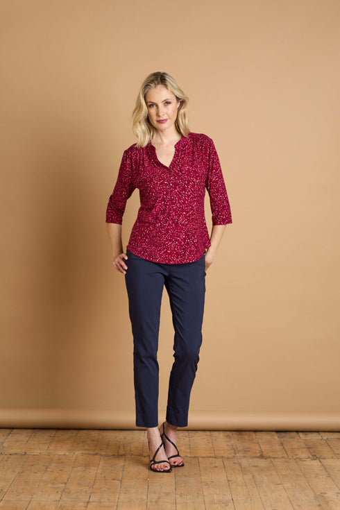 Emreco 3/4 Sleeve Red Fleck Print Mandarin Blouse – 026107EW