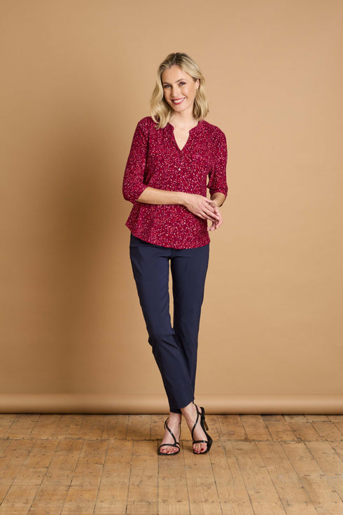 Emreco 3/4 Sleeve Red Fleck Print Mandarin Blouse – 026107EW
