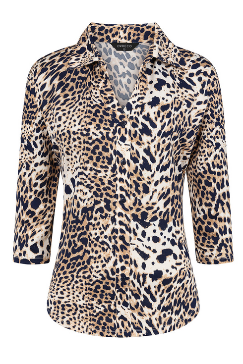 Emreco Animal Print Classic Collar 3/4 Sleeve Blouse - 026202EW