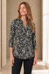 Emreco 3/4 Sleeve Black Ivory Abstract Monochrome Print Blouse 026306EW