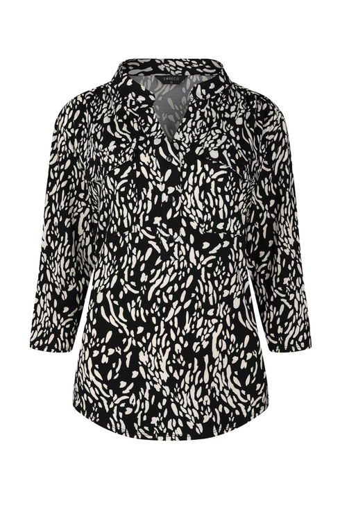 Emreco 3/4 Sleeve Black Ivory Abstract Monochrome Print Blouse 026306EW
