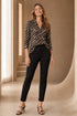 Emreco 3/4 Sleeve Black Brown Abstract Print Collar Blouse 026309EW