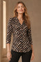 Emreco 3/4 Sleeve Black Brown Abstract Print Collar Blouse 026309EW