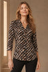 Emreco 3/4 Sleeve Black Brown Abstract Print Collar Blouse 026309EW