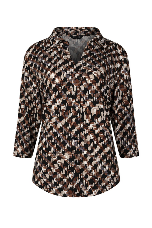 Emreco 3/4 Sleeve Black Brown Abstract Print Collar Blouse 026309EW