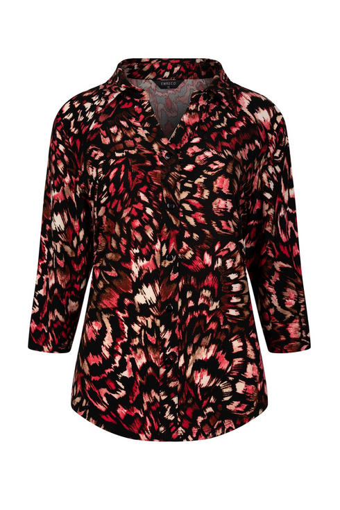 Emreco 3/4 Sleeve Black Red Floral Print Collar Blouse 026311EW
