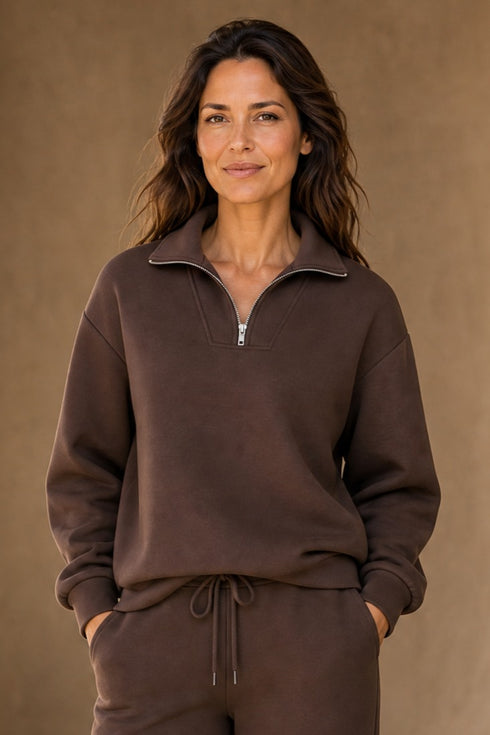 Emreco Chocolate Half Zip Soft Jersey Lounge Top 026319EW