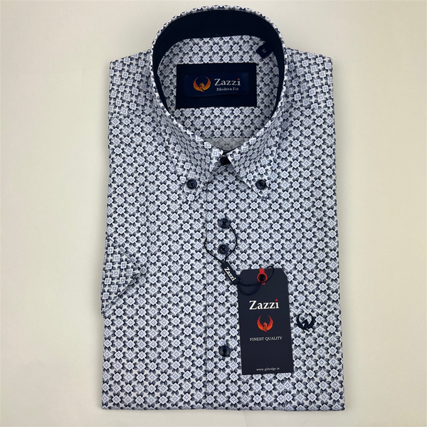 Zazzi Men's Blue Short Sleeve Geometric Print Modern Fit Shirt 06-9728