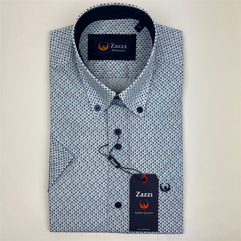 Zazzi Men's Teal Short Sleeve Geometric Print Modern Fit Shirt 06-9731