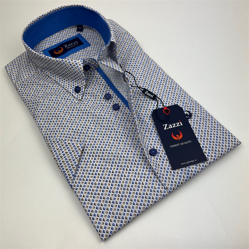 Zazzi Men's Blue/Beige Short Sleeve Geometric Print Modern Fit Shirt 06-9731