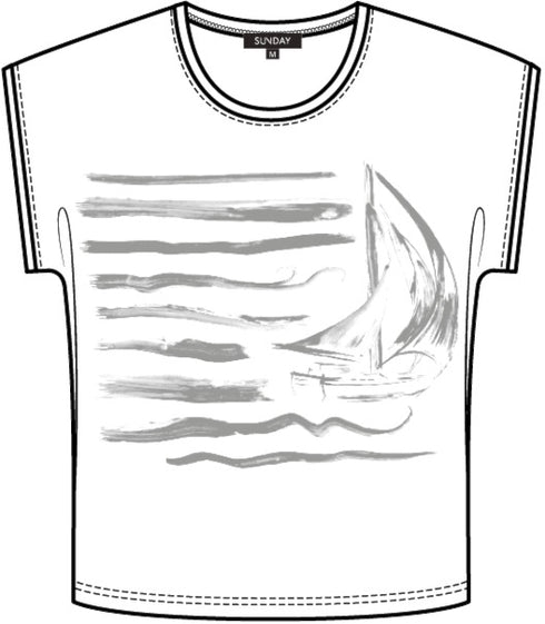 Sunday Womens White T-Shirt with Navy Boat Print 6088652369