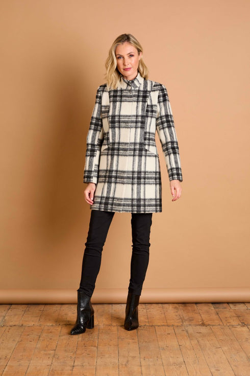 Emreco Check Funnel Neck Coat – Black/White 091006EW
