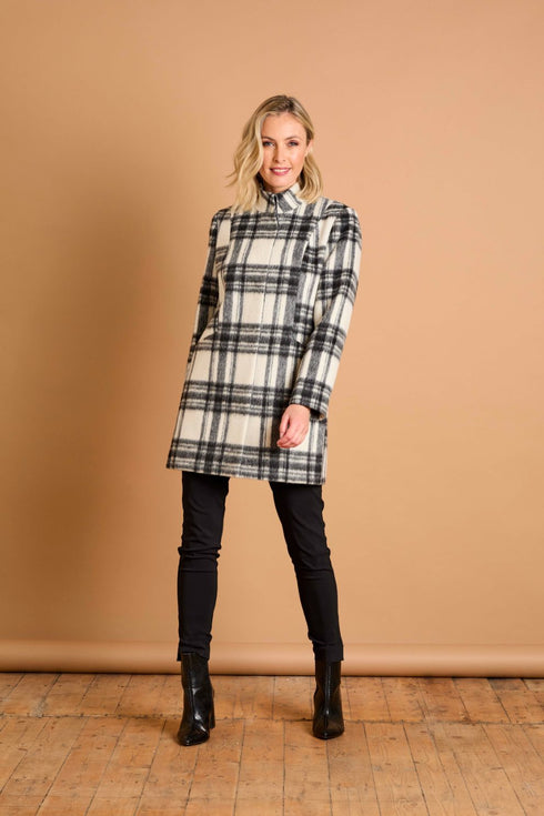 Emreco Check Funnel Neck Coat – Black/White 091006EW