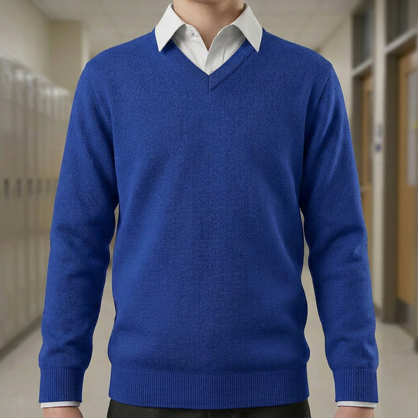 Hunter Schoolwear 674 V Neck School Jumper Royal Blue No Crest/Logo Plain Unisex Acrylic Knitwear