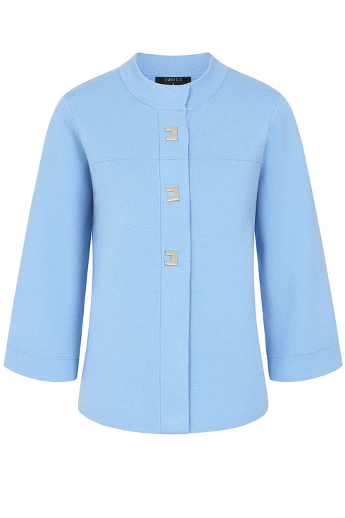 Emreco Light Blue Cropped Plain Coatigan with Silver Button Detail - 100802EW