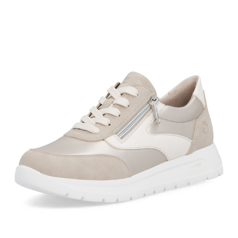 Remonte Women’s Extra Wide Fit Stretch Trainers – Pale Gold & Beige Zip Sneakers – D2V02