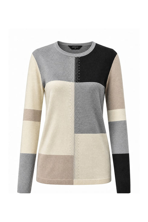 Emreco Long Sleeve Grey Multi Block Colour Block Jumper 106301EW