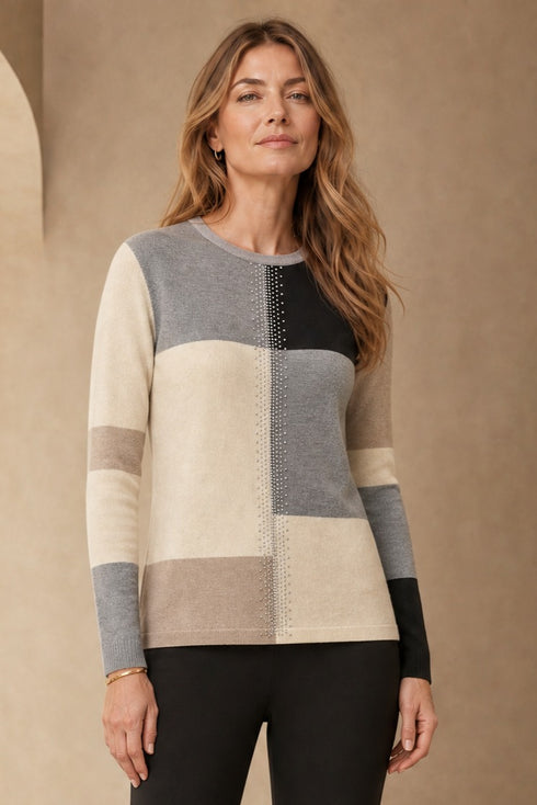 Emreco Long Sleeve Grey Multi Block Colour Block Jumper 106301EW