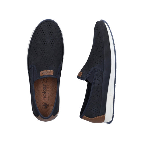 Rieker Men’s Pazifik Blue Leather Slip-On Shoes – Breathable Summer Casuals – 11955-14