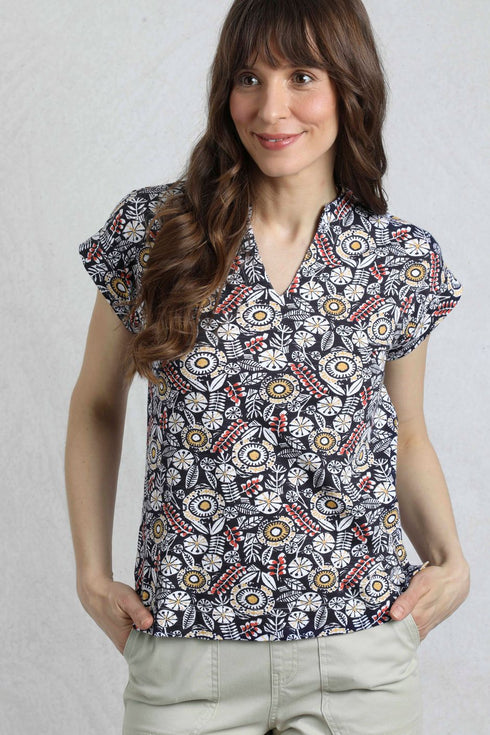 Weird Fish Alia Organic Cotton Printed Jersey Top Navy 203331