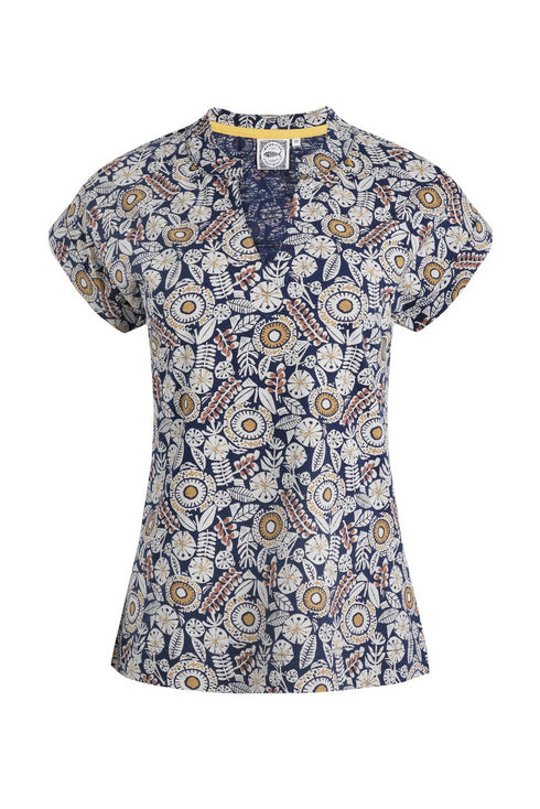 Weird Fish Alia Organic Cotton Printed Jersey Top Navy 203331