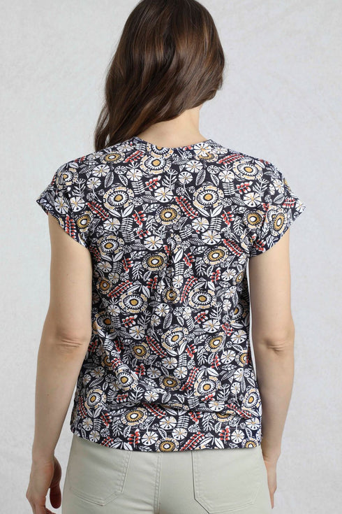 Weird Fish Alia Organic Cotton Printed Jersey Top Navy 203331