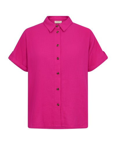 Freequent Short Turn-up Sleeve Linen Style Shirt Fuchsia Purple Rose Loose Fit 107109