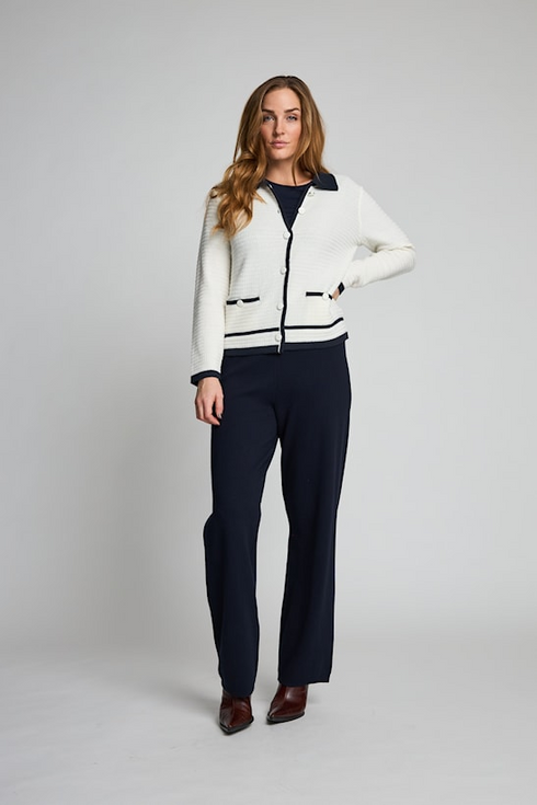Micha Womens Contrast Trim Collared Knit Cardigan 145203 63010 - OffWhite/Navy