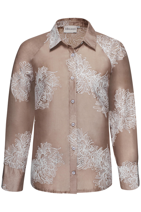 Kimara Fashion Women's Sand Brown Brooks KR33 Oversized Floral Textured Blouse
