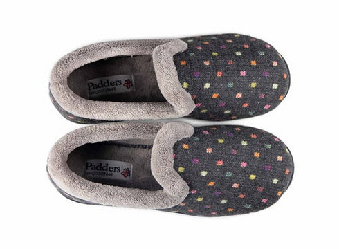Padders Repose 406/1576 Charcoal Woven Spot Slippers - Wide Fit Memory Foam Comfort
