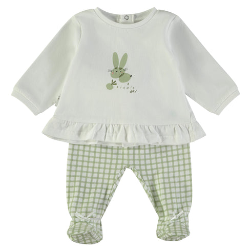 Babybol | 260000 Khaki Checked Footed Pants and White Picnic Day Bunny Top Set