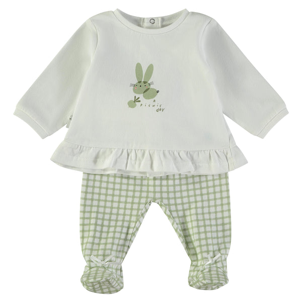Babybol | 260000 Khaki Checked Footed Pants and White Picnic Day Bunny Top Set