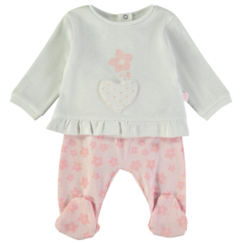Babybol | 160002 White Heart and Flower Long Sleeve Top and Pink Footed Pants Set