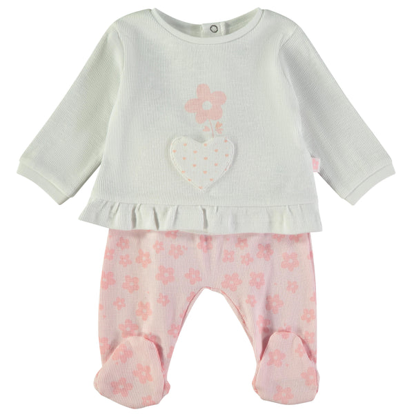 Babybol | 160002 White Heart and Flower Long Sleeve Top and Pink Footed Pants Set
