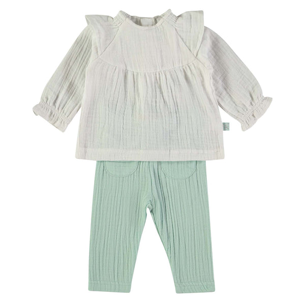 Babybol | 160006 White and Light Green Two Piece Top and Pants Set